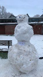 Großer Schneemann als Klassenclown bezeichnet. Er trägt ein Schild: "Wer kaputt macht: Rote Karte"