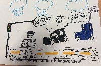 Gemaltes Bild stellt eine Szene auf der Straße dar. Zwei Autos stehen an einer Ampel und tauschen Gedanken aus. Vor ihnen steht ein Mensch mit der Aufschrift 