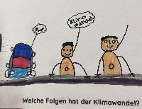 Das gemalte Bild stellt zwei Menschen und ein Fantasiewesen dar. Mensch in der Mitte spricht Fantasiewesen mit Klimawandel an. 