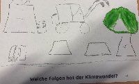 Das Bild zeigt eine Fabrik, die Abgase in die Luft gibt. Daneben steht ein Maschine, die zum Bäume fällen eingesetzt wird. Vor der Fabrik liegen Baumstämme und daneben liegt Papier. 